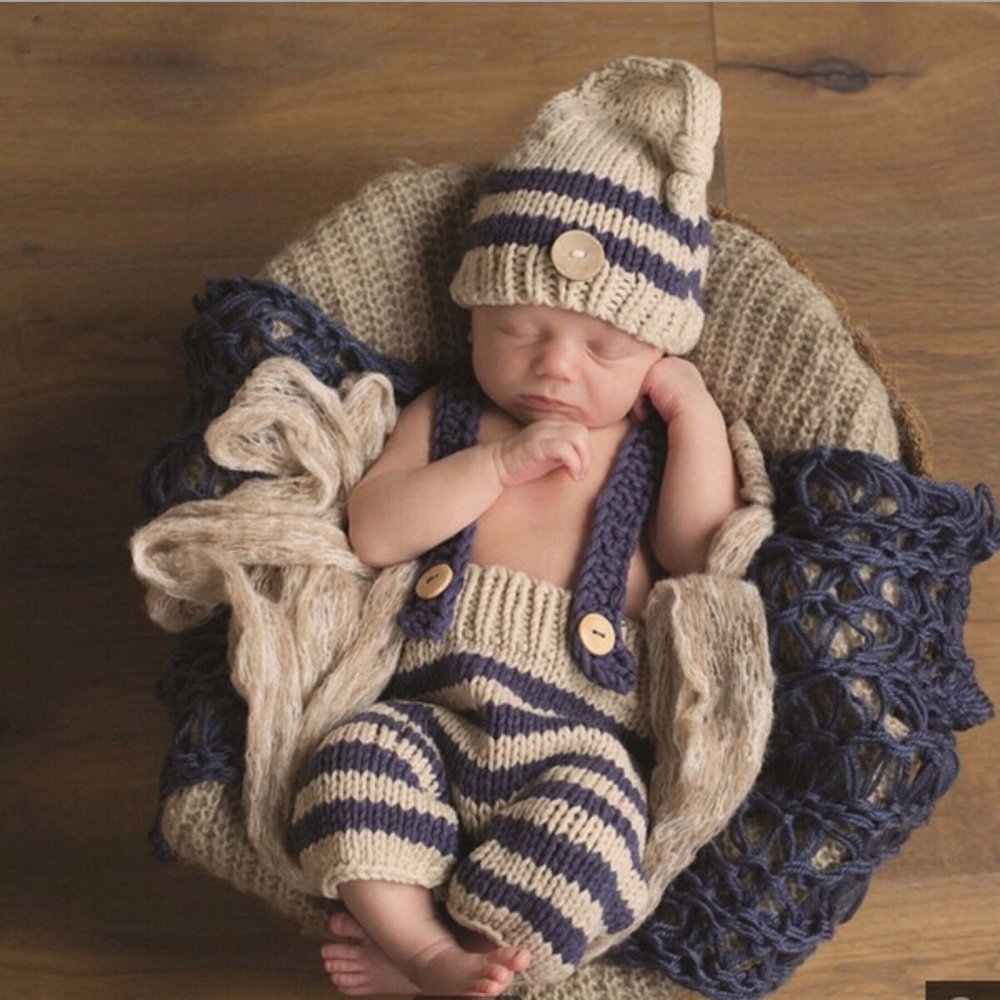 Newborn Baby Hand Knit Blue & Khaki Outfit Photography Prop - Picture 1 of 11